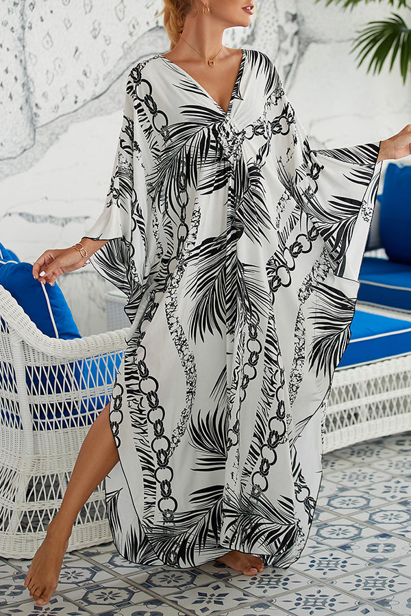 Simple Unique Printed Pleated Front Slit Cover Up