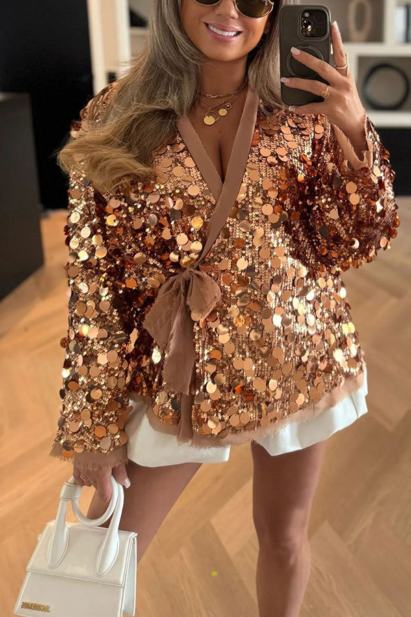 Sequined Long-sleeved V-neck Loose Lace-up Cardigan