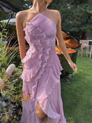 Dream Ode Lily Pad Style Pleats and Ruffles Halter Gown Maxi Dress