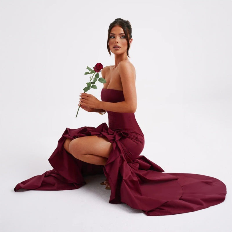 off shoulder, off shoulder strapless, hip hugging, irregular wave party dress