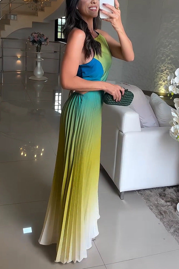 Backless Tie Elegant Gradient Pleated Maxi Dress