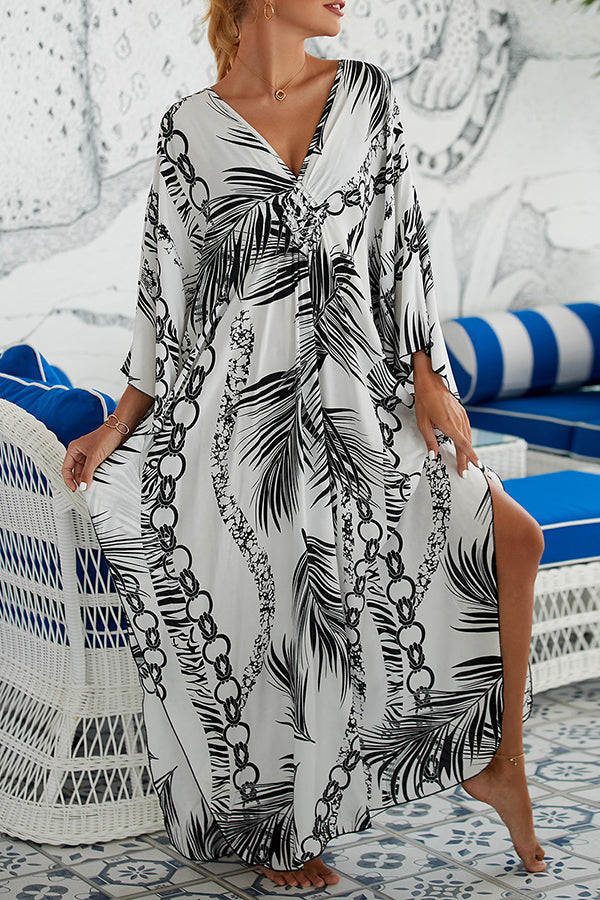Simple Unique Printed Pleated Front Slit Cover Up