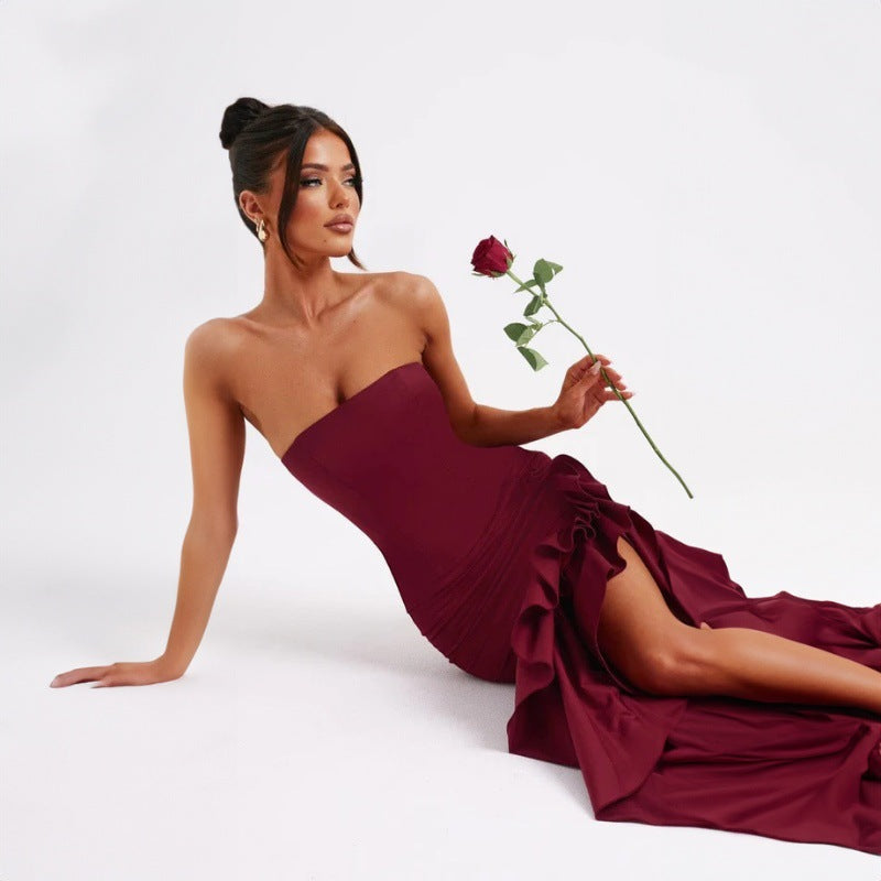 off shoulder, off shoulder strapless, hip hugging, irregular wave party dress