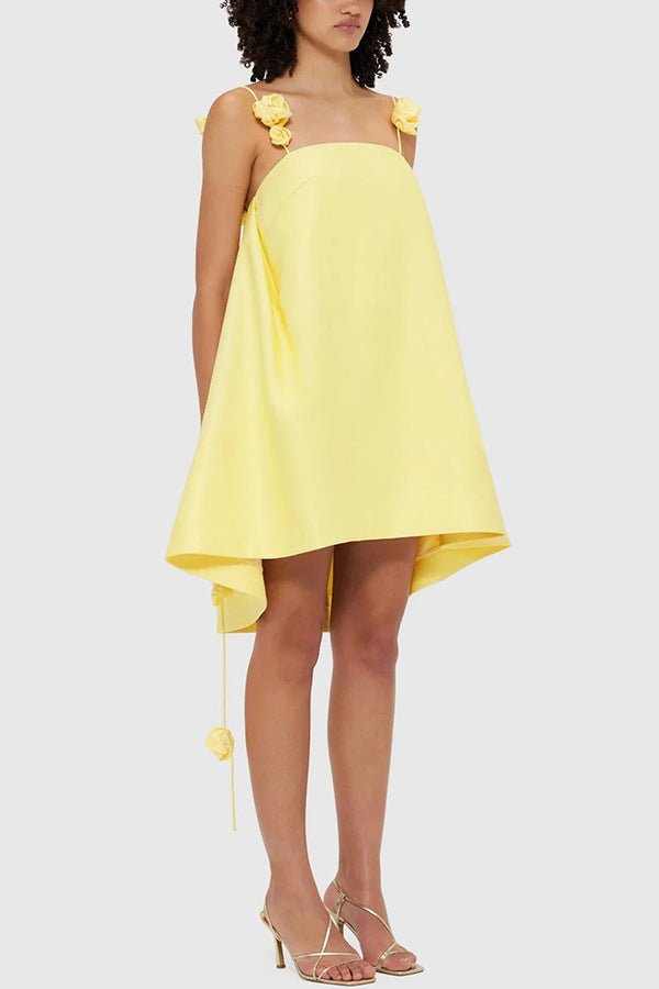 suspender satin dress INS casual loose vacation elegant yellow rose dress