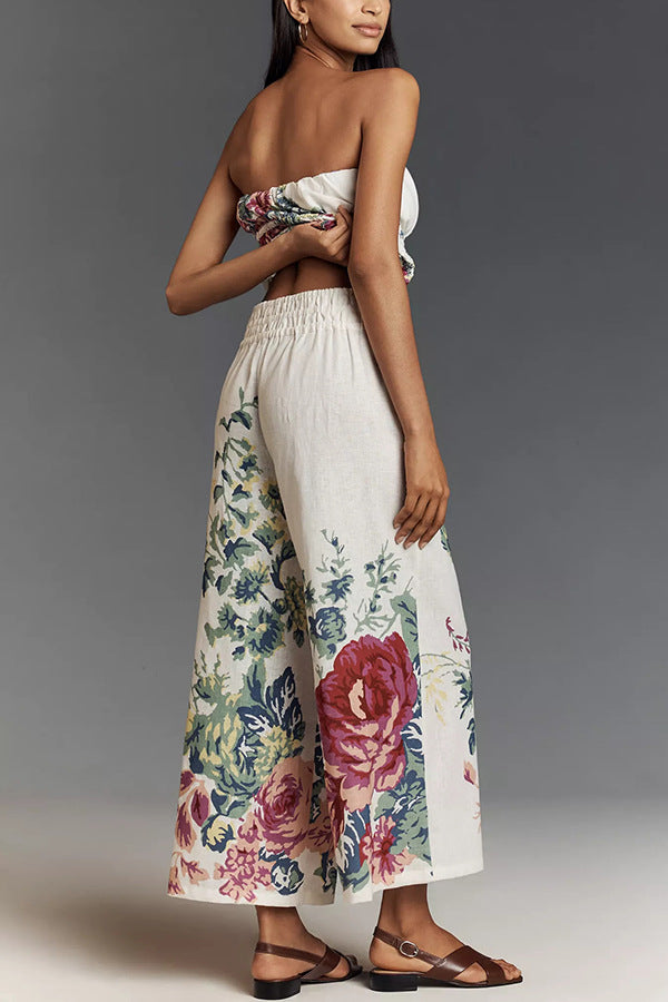 In To The Linen Blend Floral Print Elastic Bandeau and Elastic Waist Pocket Loose Pants Set