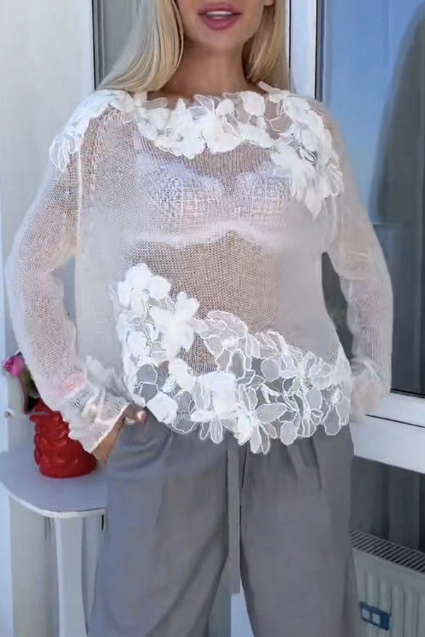 Lace Floral Casual Knit See-through Long-sleeved Top