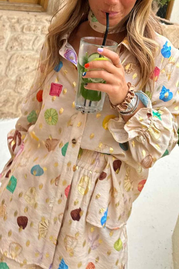 Gold Stamping Unique Printing Lapel Long Sleeve Shirt and Elastic Waist Casual Pocket Shorts Set