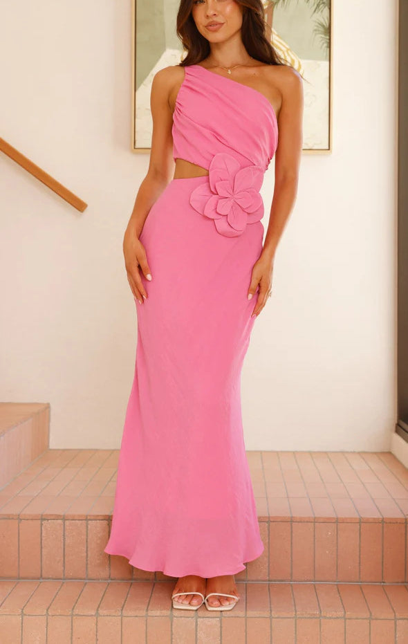 Bloom 3d Flower Ruched One Shoulder Cutout Maxi Dress