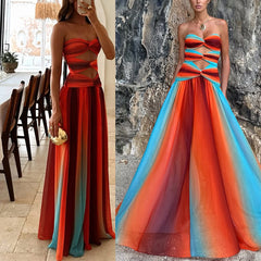 Sunset strapless Tassel Printed Twisted Hollow Off Shoulder Vacation Long Dress