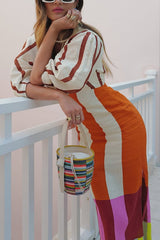 Kaya Linen Blend Color Block Print Front Cutout Knot Puff Sleeve Maxi Dress