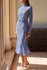 Feminine and Elegant Flower Lace Long Sleeve Bow Belted Flare Midi Dress