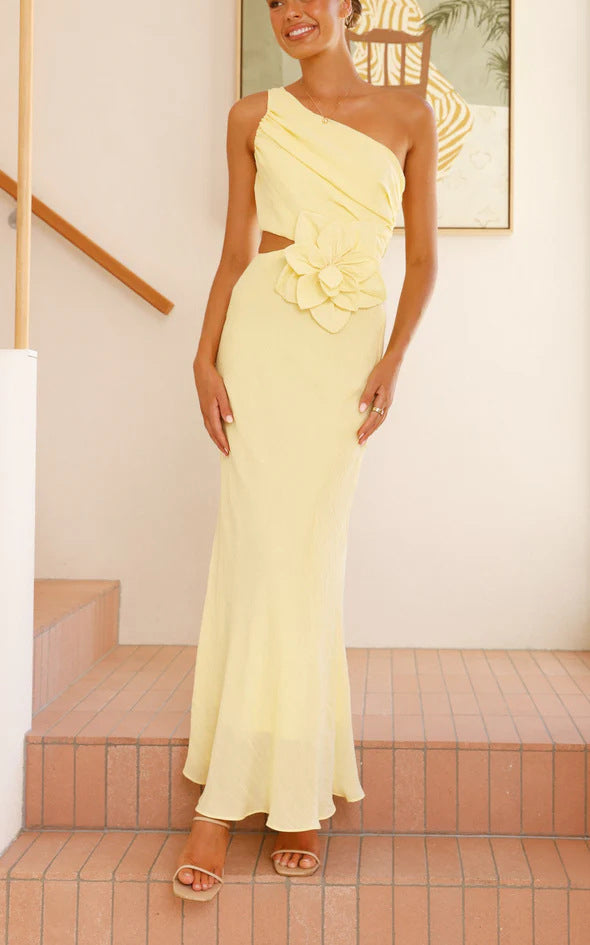 Bloom 3d Flower Ruched One Shoulder Cutout Maxi Dress