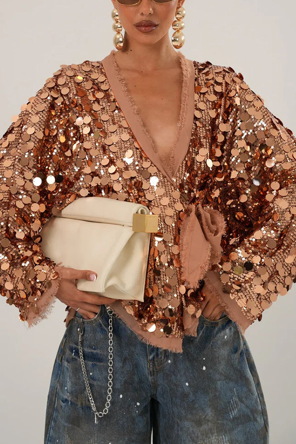 Sequined Long-sleeved V-neck Loose Lace-up Cardigan