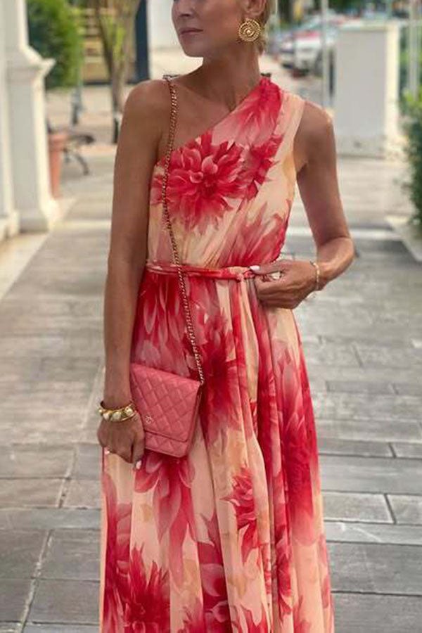 Floral Print One Shoulder Waist Tie Full Hem Resort Style Maxi Dress