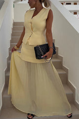 Elegant Knit Spliced Tulle Elastic Waist Pleated Maxi Skirt