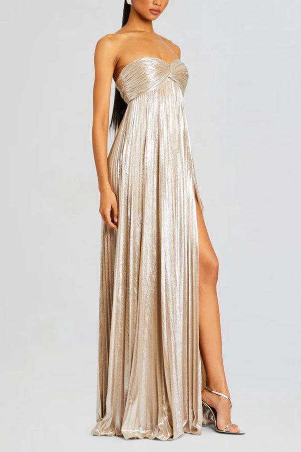 Metallic Tube Top Pleated High Slit Maxi Dress