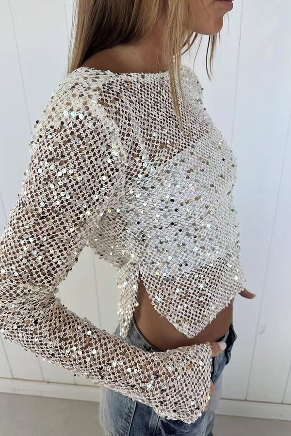 Sequined Fishnet Casual Long-sleeved Top