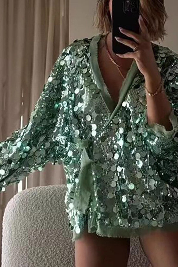 Sequined Long-sleeved V-neck Loose Lace-up Cardigan