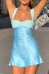 Splicing sleeveless mini long robe satin strapless backless lace up high waisted A-line party dress