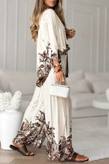 Botanical Print Loose Long-sleeved Shirt and Elastic Waist Pocket Casual Wide-leg Pants