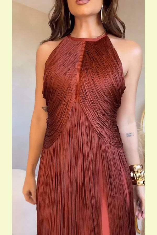 Sleeveless Halter Neck Elegant Tassel Slim Maxi Dress