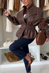 Play It Cool Faux Leather Single Button Elastic Waist Lapel Moto Jacket