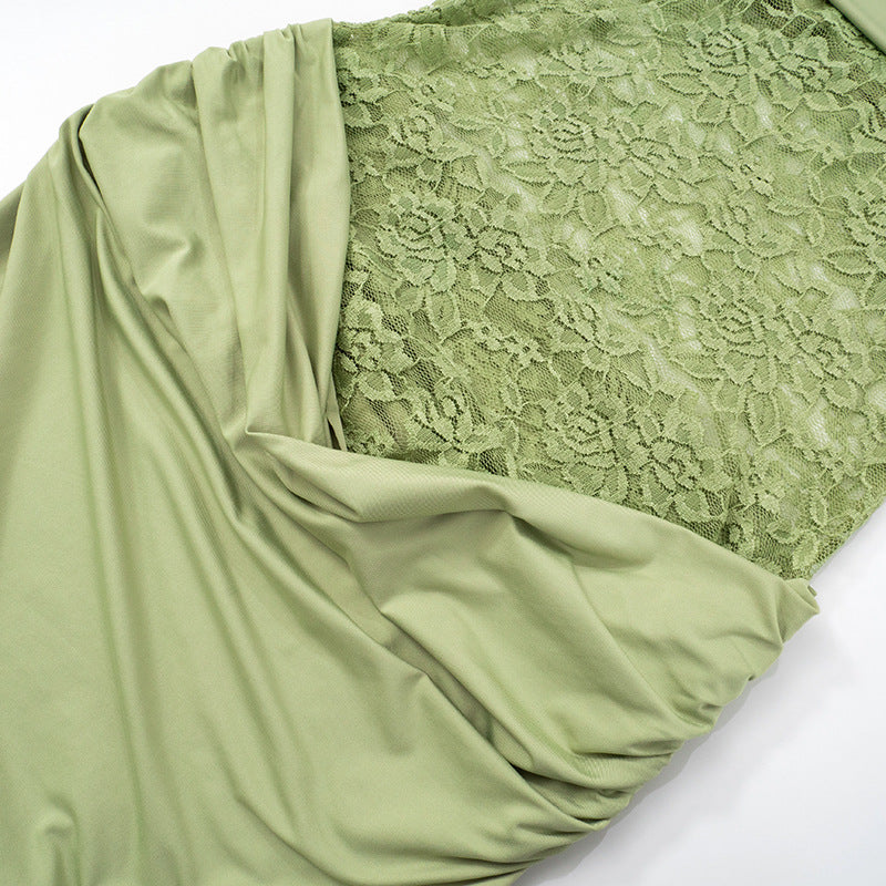 Solid Color Off Shoulder Splicing Lace Extra Long Slimming Dress