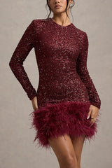 Party Must-have Sequin Long Sleeve Feather Trim Stretch Mini Dress
