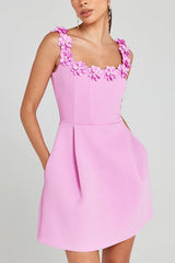 Party outfit, pearl flower decal, square strapless, collar, pocket, elegant mini dress