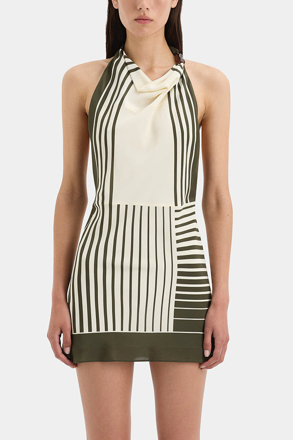 Eventâ�?Striped Beads Cowl Neck Backless Tie-up Mini Dress