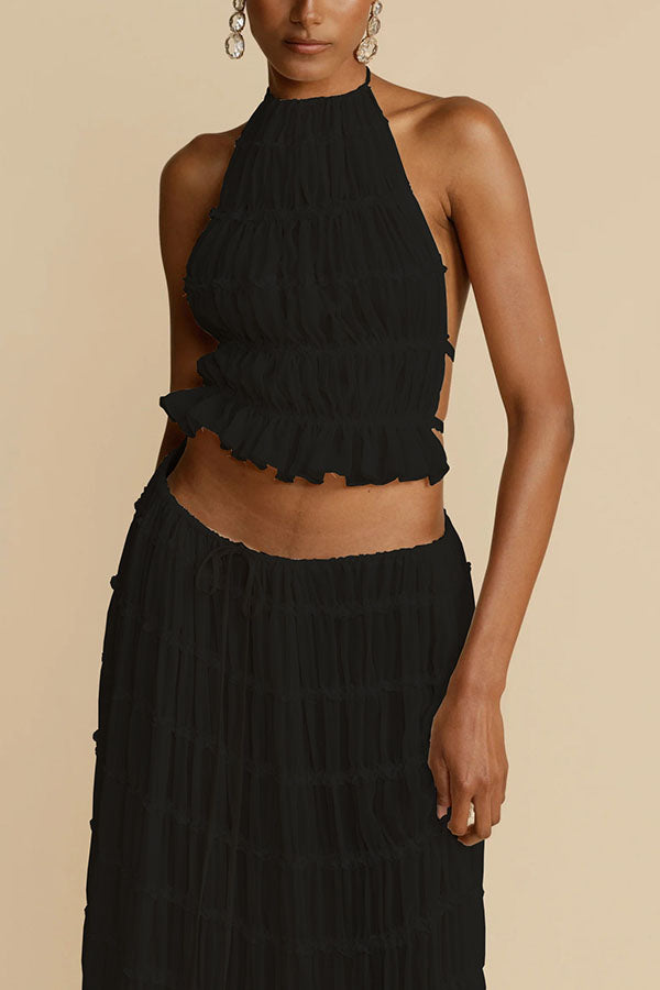 Versatility and Vintage Charm Pleated Drawstring Waist Tiered Maxi Skirt