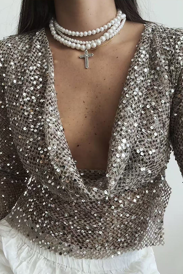 Sequined Fishnet Casual Long-sleeved Top