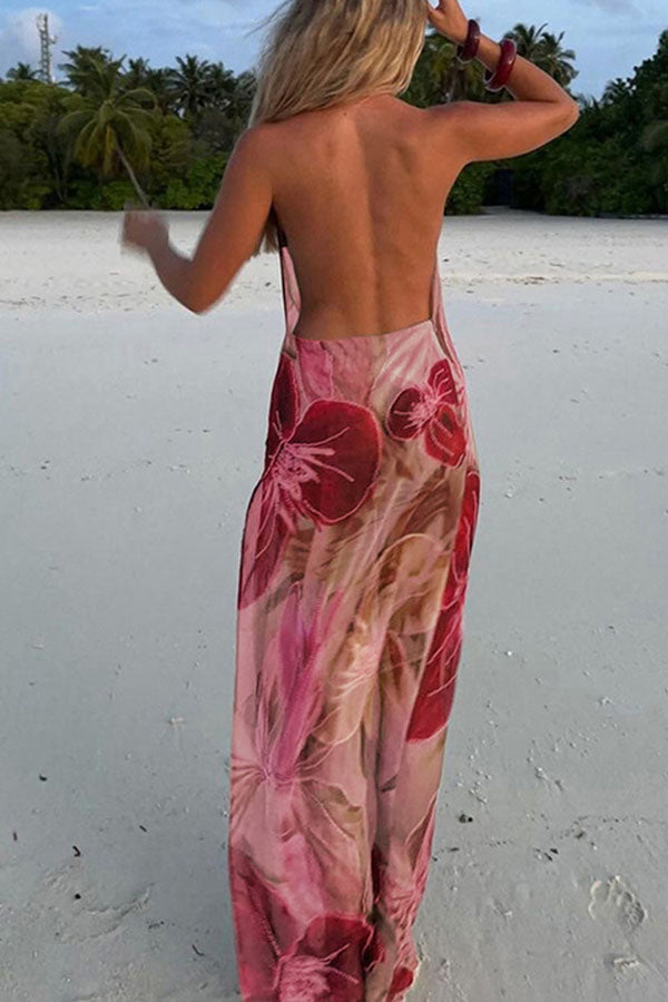 Floral Print Backless Slit See-Through Holiday Maxi Dress