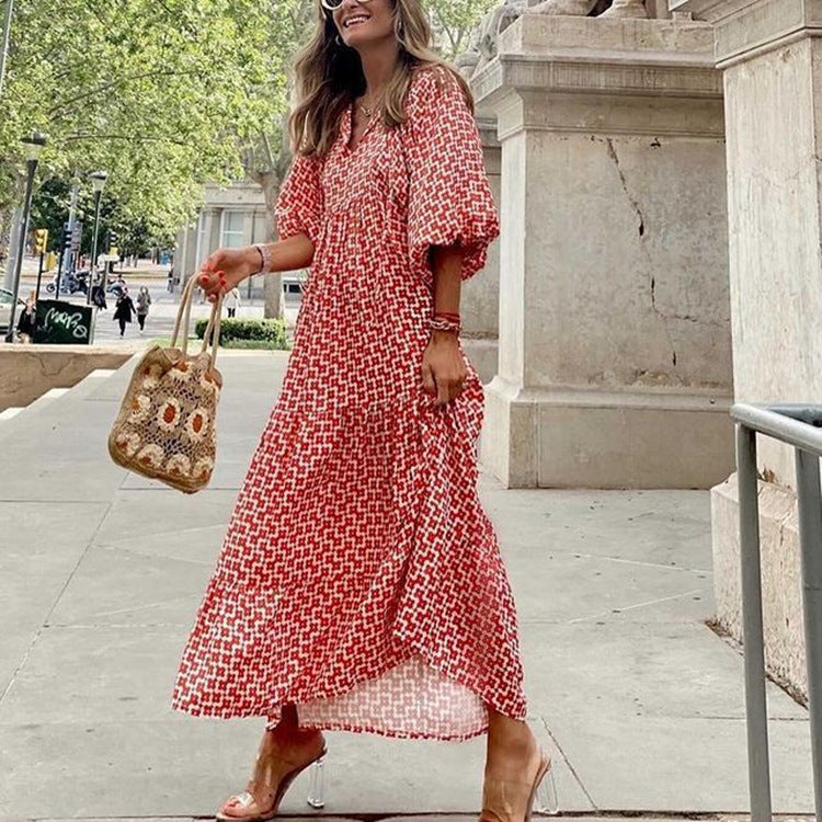 street picnic bubble sleeve layered elegant party MIDI dress