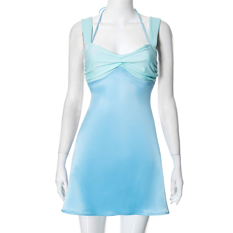 Splicing sleeveless mini long robe satin strapless backless lace up high waisted A-line party dress