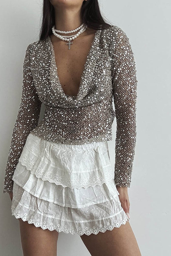 Sequined Fishnet Casual Long-sleeved Top