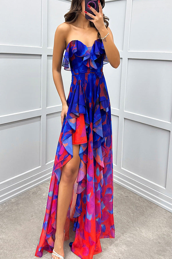 party gradient unique printed flowing layered pleated strapless slim fit long skirt