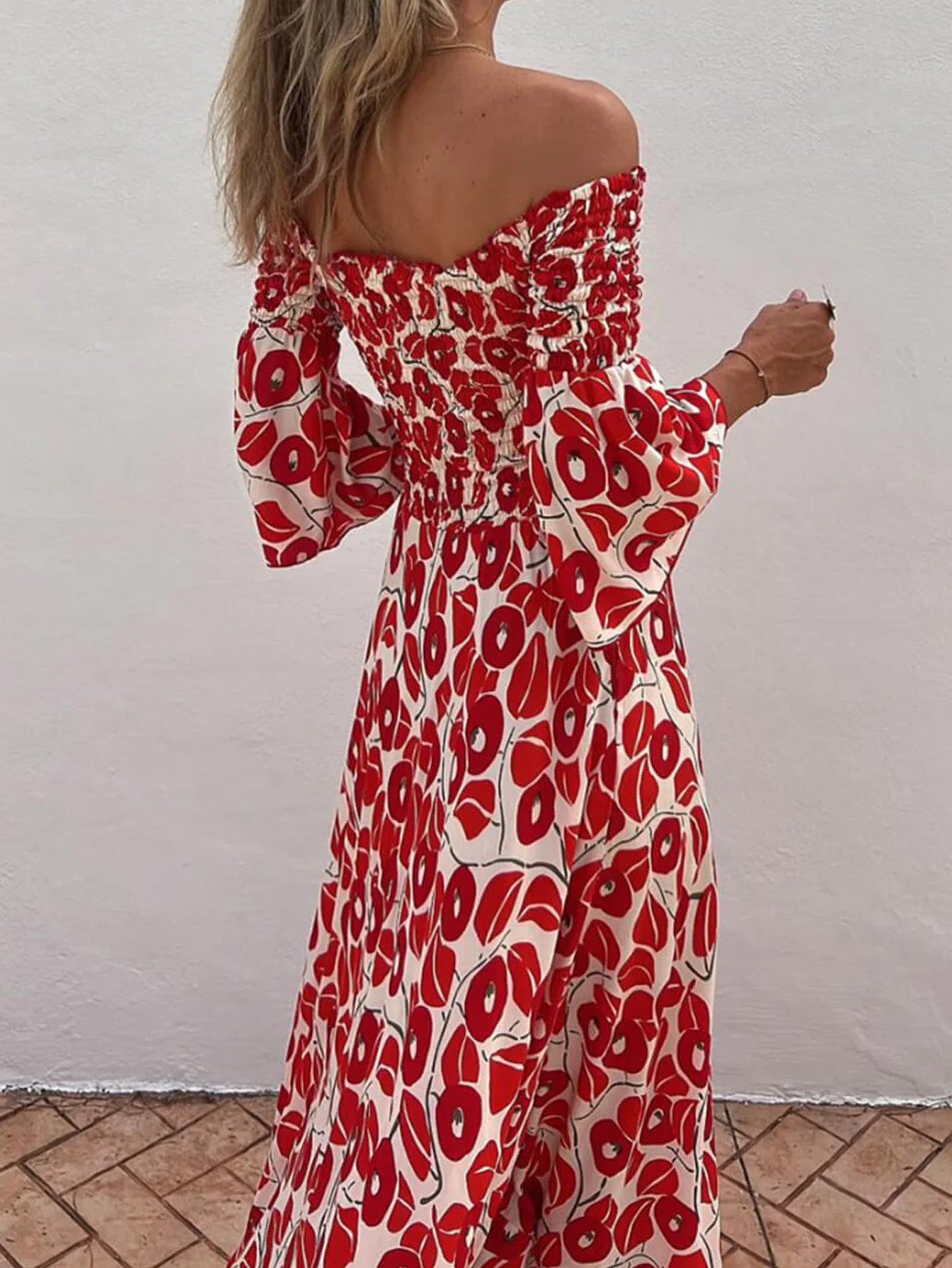 Vacation Flower Street Elegant Printed Off Shoulder Waist Pocket Long Dress