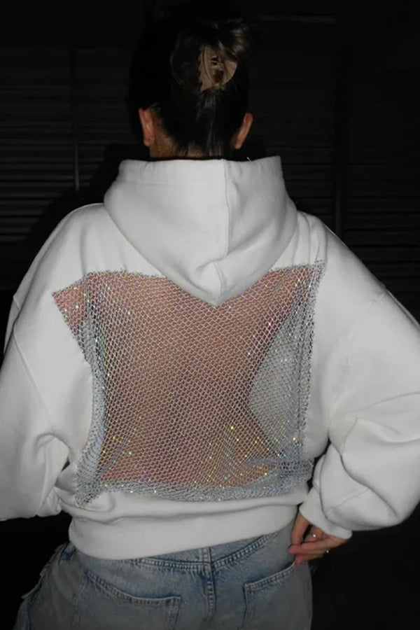 Shiny Mesh Hollow Back Loose Long-sleeved Hooded Sweatshirt