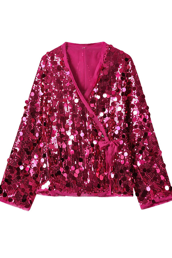 Sequined Long-sleeved V-neck Loose Lace-up Cardigan