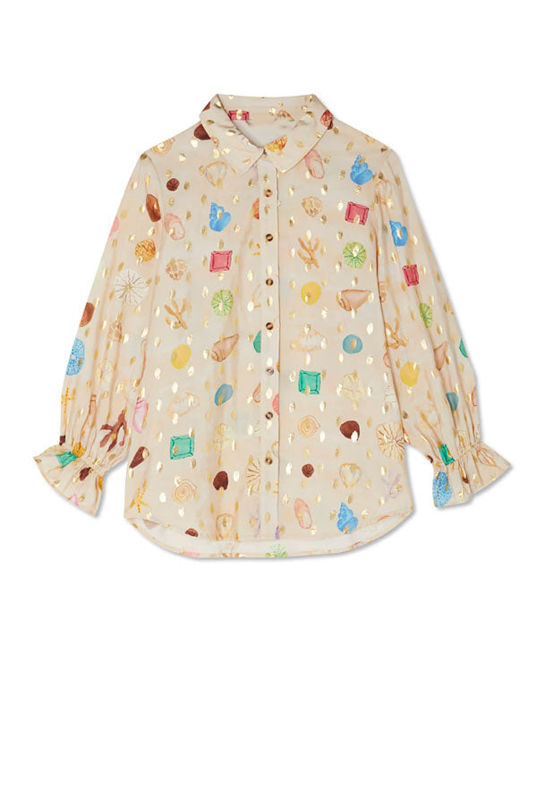 Gold Stamping Unique Printing Lapel Long Sleeve Shirt and Elastic Waist Casual Pocket Shorts Set