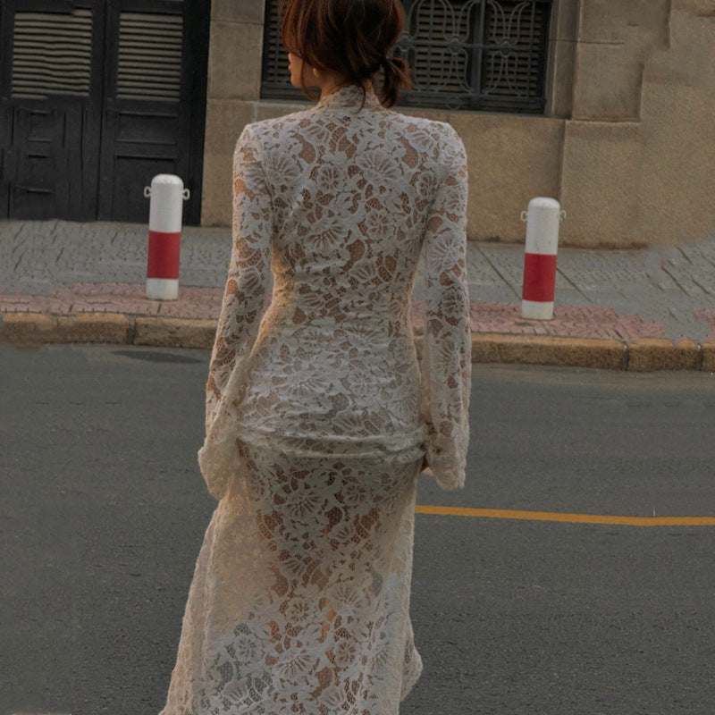 Garcelle Floral Lace Lace-up Long Bell Sleeve Slit Midi Dress