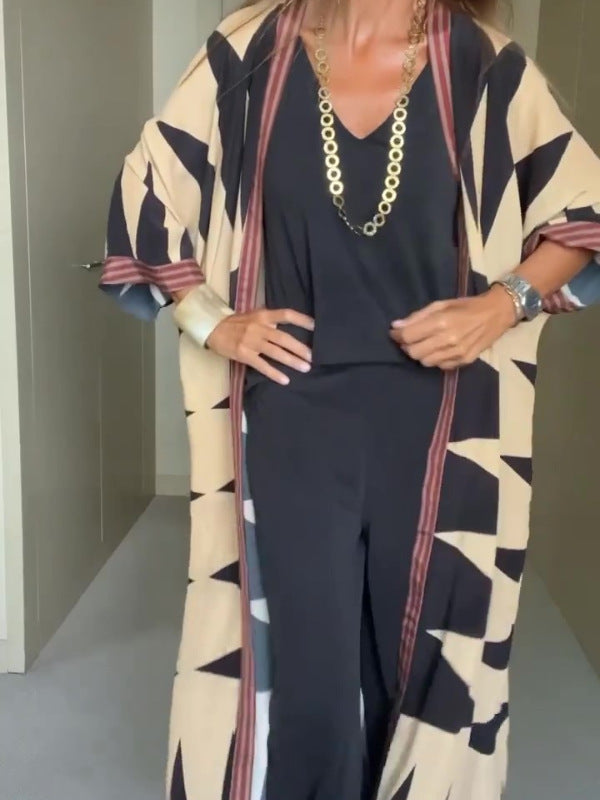 Vintage Pattern Open Front Loose Duster Kimono Cover Up