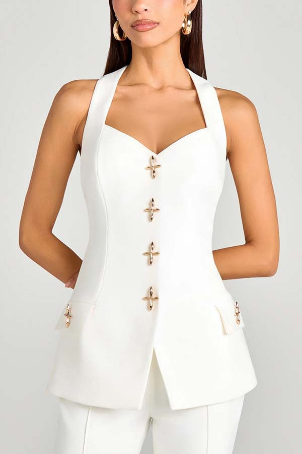 Power Metal Cross Snap Button Sweetheart Neck Wide Strap Vest