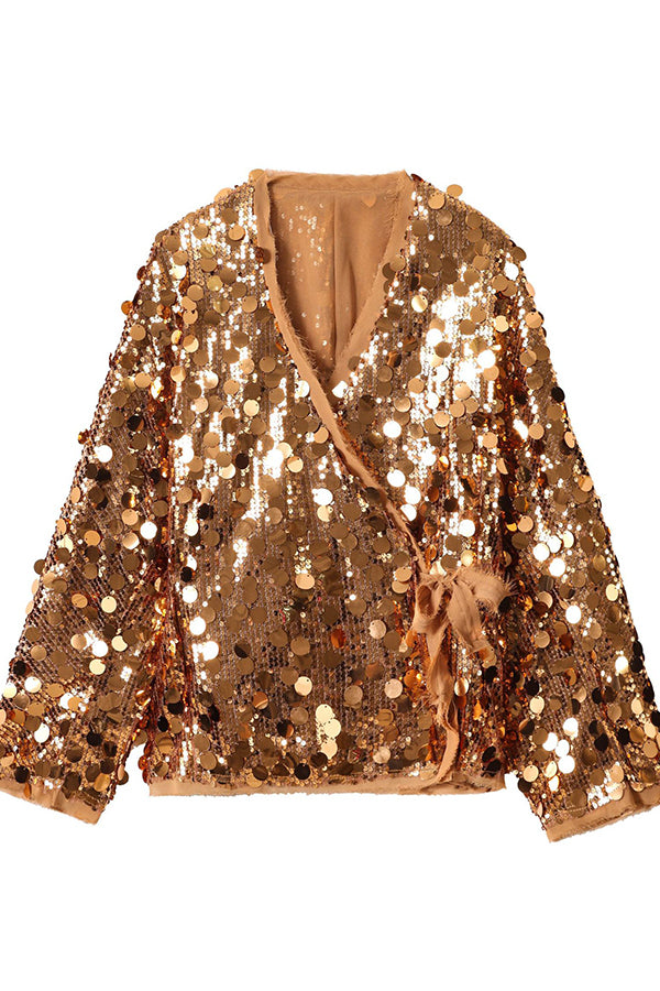 Sequined Long-sleeved V-neck Loose Lace-up Cardigan