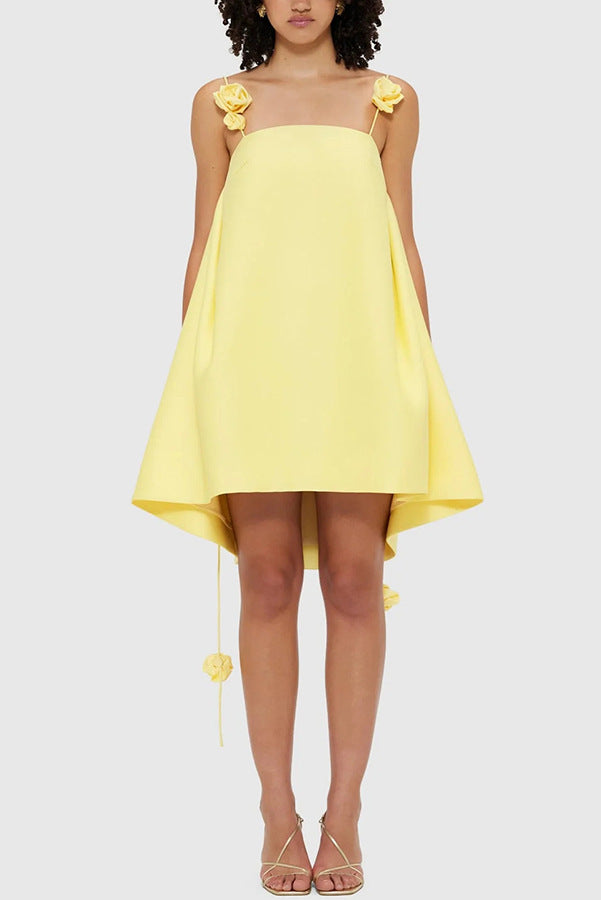 suspender satin dress INS casual loose vacation elegant yellow rose dress