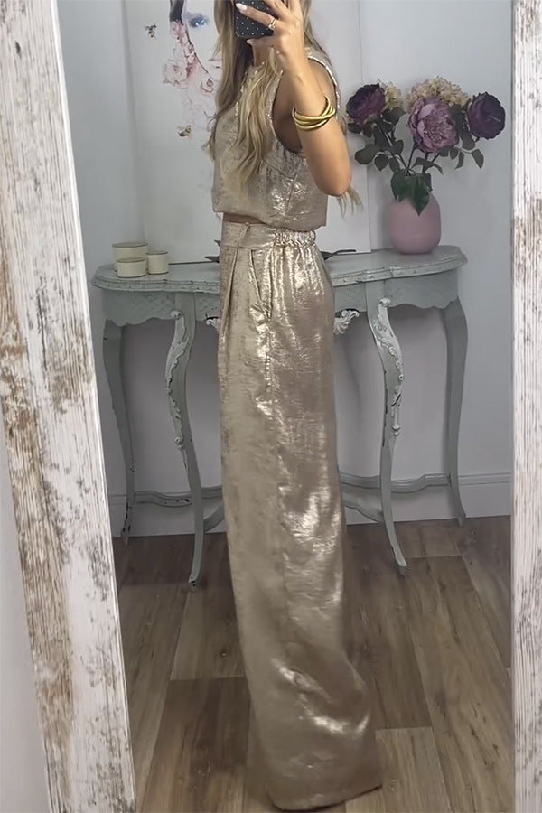 Rita Metallic Fabric Back Buttons Crop Tank and Elastic Waist Pocketed Wide Leg Pants Set