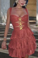 Little Mermaid Glitter Fabric Metal Starfish Hollow Layered Stretch One-piece Swimsuit