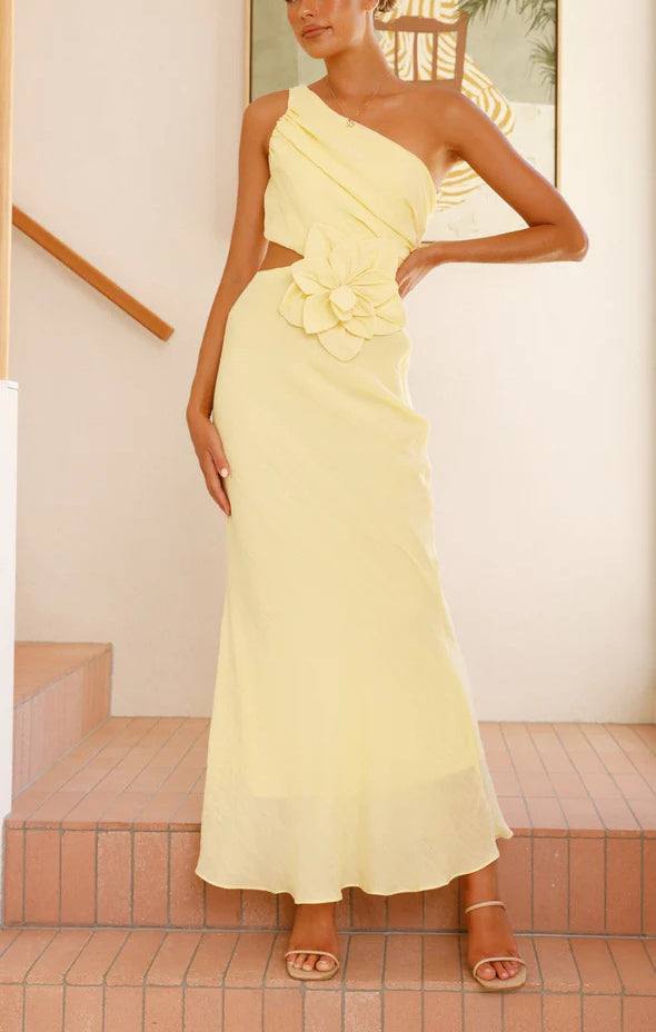 Bloom 3d Flower Ruched One Shoulder Cutout Maxi Dress