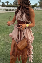 Romantic Drama Chiffon Wavy Ruffles Halter Irregular A-line Top